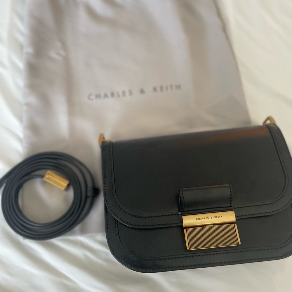 Charles & Keith Black Crossbody Bag with Gold Accents